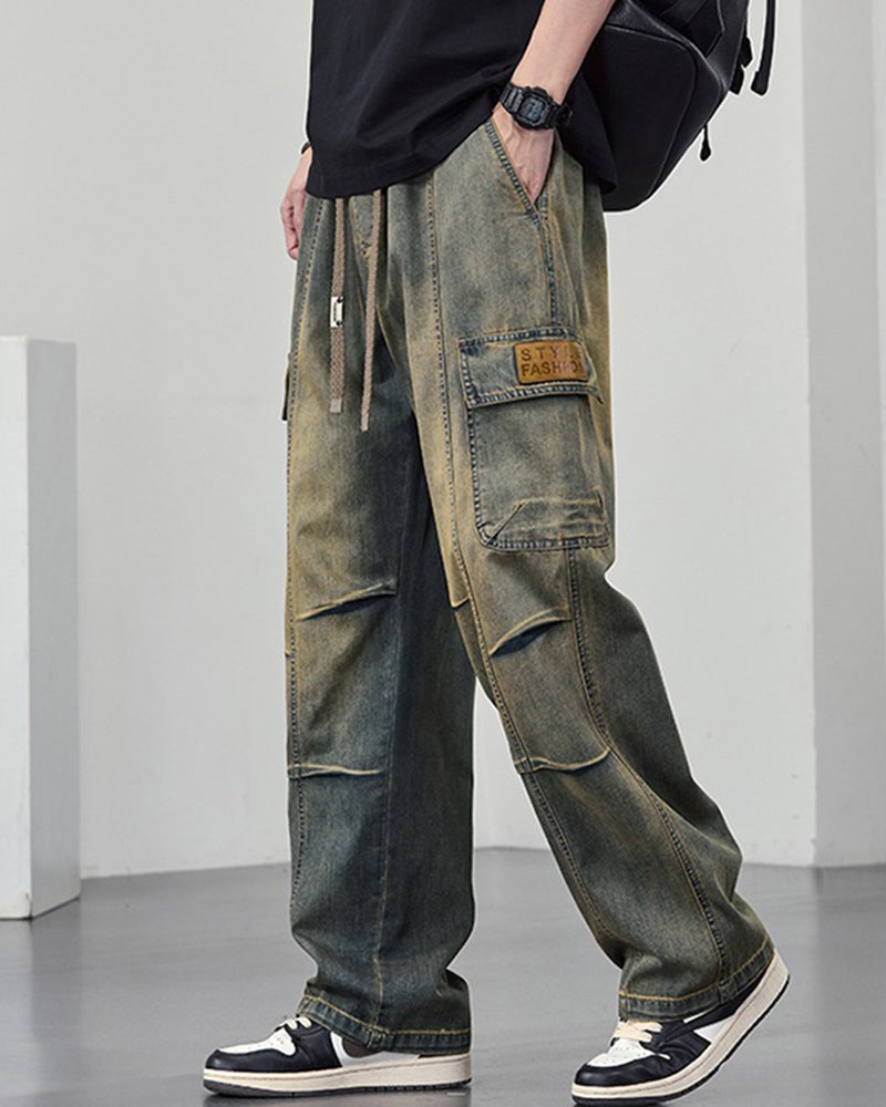 Big & Tall Men's Retro Tooling Style Old Straight Tube Stretch Jeans M-8XL