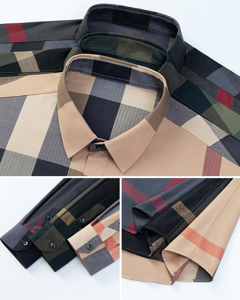 Big & Tall Men's Business Plaid Stripe Non-Ironing Long Sleeve Shirt M-4XL