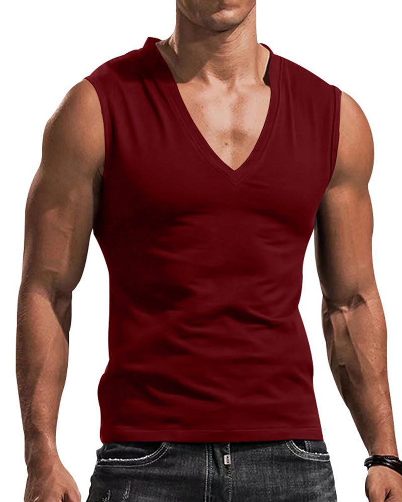 Plus Size Men's V-Neck Vest, Solid Color Casual Breathable Slim Fit Sleeveless T-Shirt