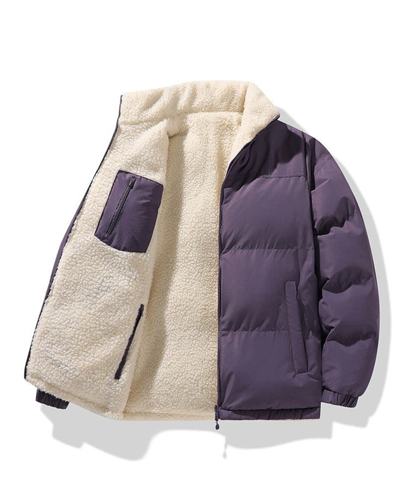 Big & Tall Men's Solid Color Vertical Collar Thickened Lamb Velvet Cotton-padded Jacket Double-sided Wearable S-3XL