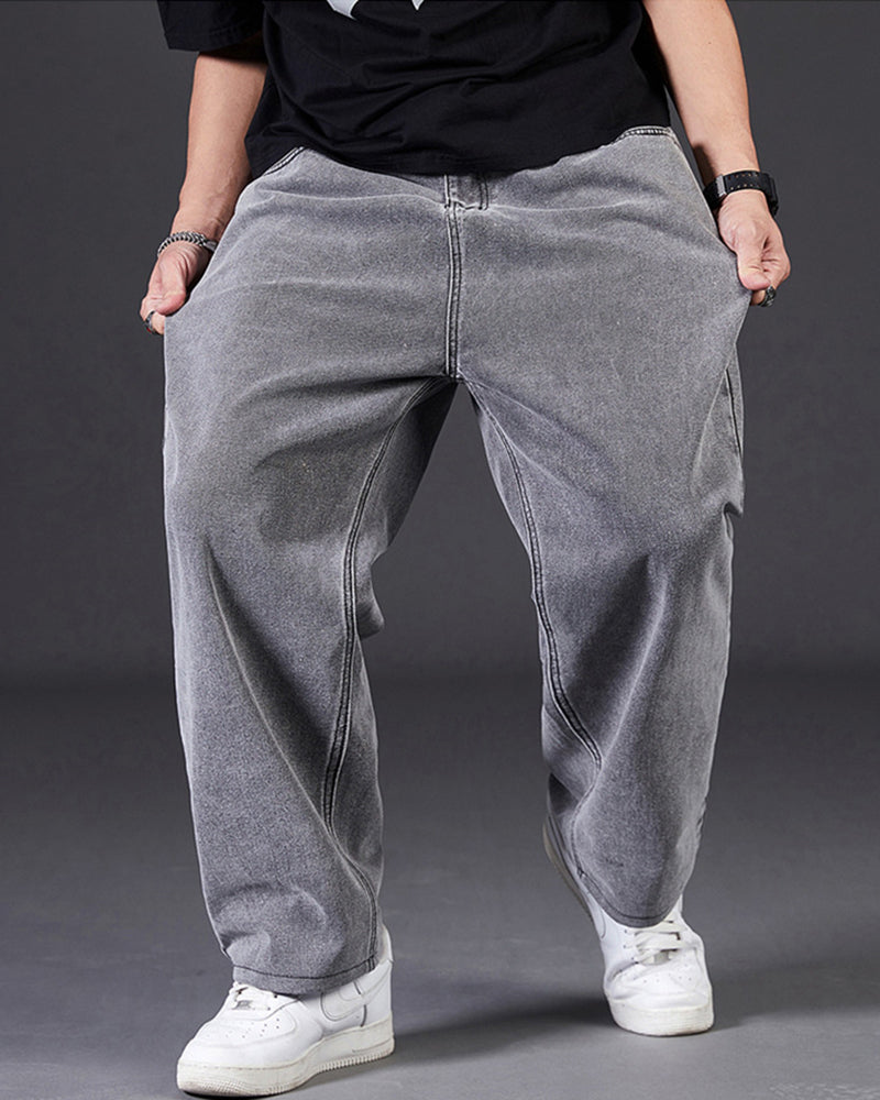 Big & Tall Men's Classic Solid Color Loose Straight Jeans Elastic Waist Trousers 29-48