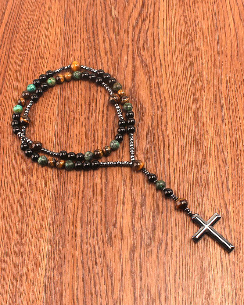 Vintage Natural Stone Long Cross Necklace