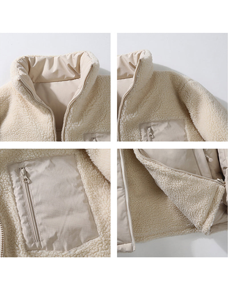 Big & Tall Men's Solid Color Vertical Collar Thickened Lamb Velvet Cotton-padded Jacket Double-sided Wearable S-3XL