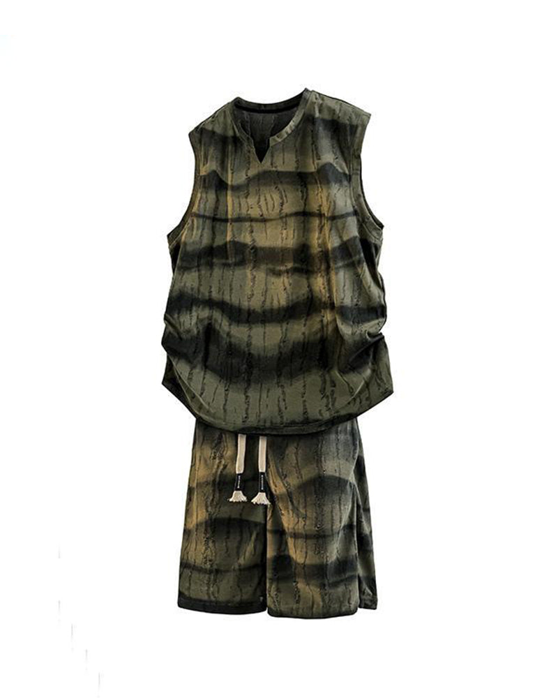 American Style Casual Summer Ice Sense Striped Sleeveless Vest Set Large Size Men's Sports Tie Dye Shorts Two-piece Set