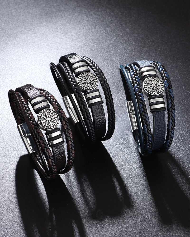 Punk Style Multi-Layer Compass Woven Leather Cord Bracelet