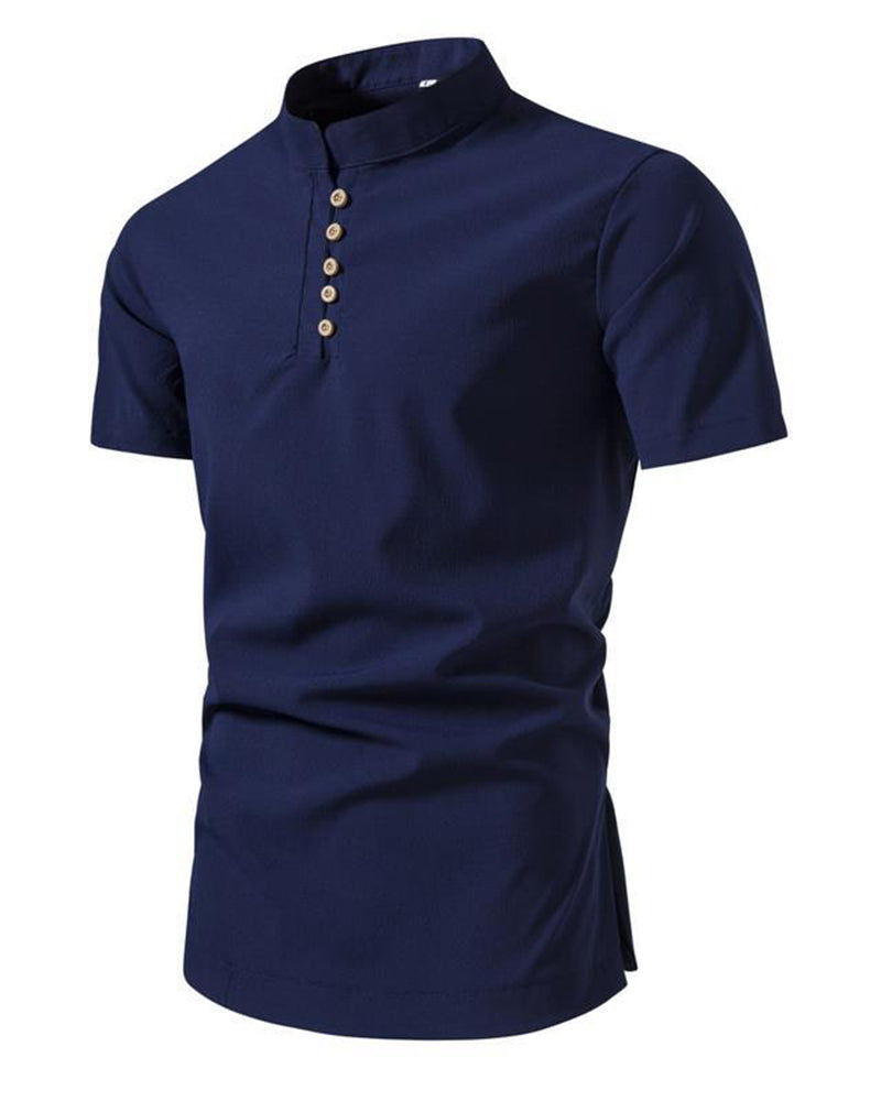 Retro Casual Short-sleeved Shirt Chinese Style Men's Solid Color Wide Loose Collar Lining