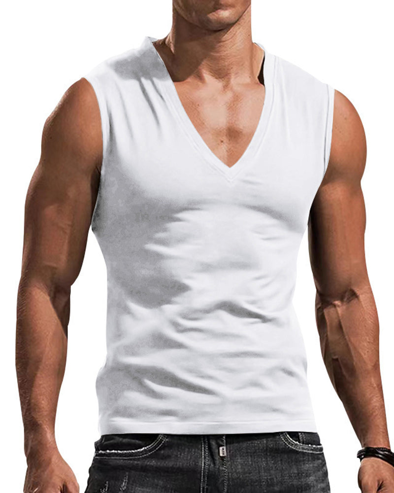 Plus Size Men's V-Neck Vest, Solid Color Casual Breathable Slim Fit Sleeveless T-Shirt