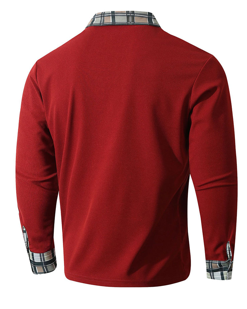 Big & Tall Men's Plaid Long-sleeved Polo Shirt With Lapel S-2XL