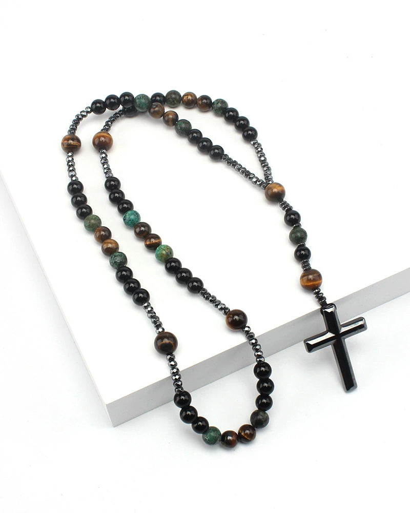 Vintage Natural Stone Long Cross Necklace