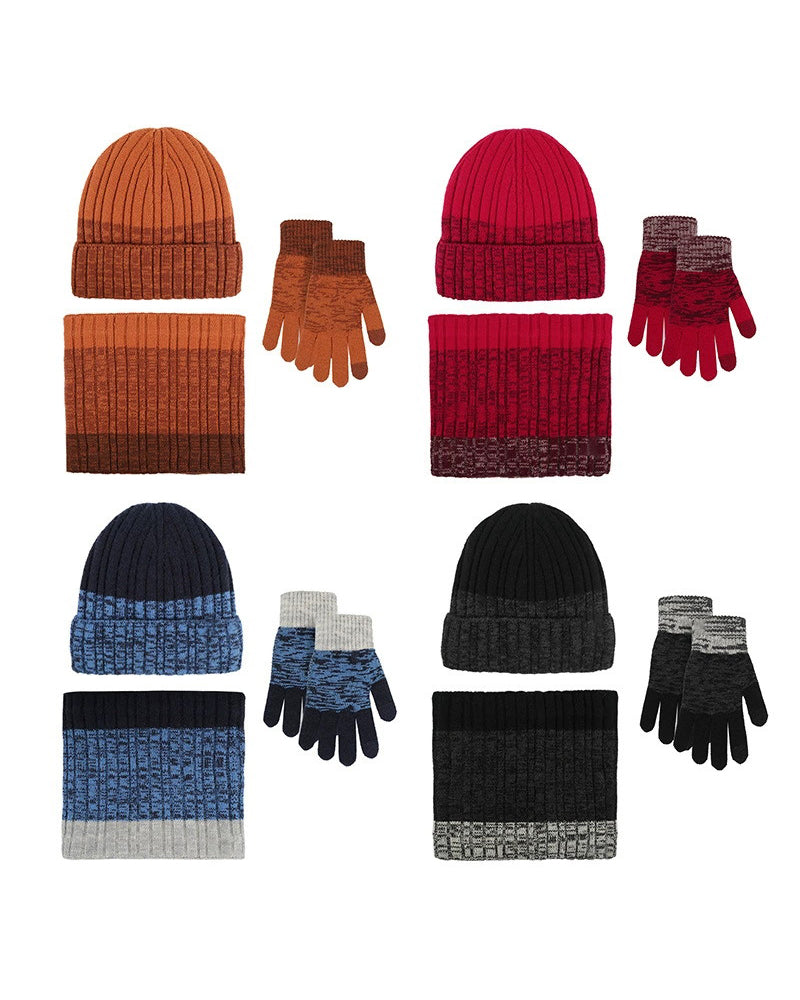 Outdoor Thickened Gradient Contrast Hat Scarf Gloves Knitted Set
