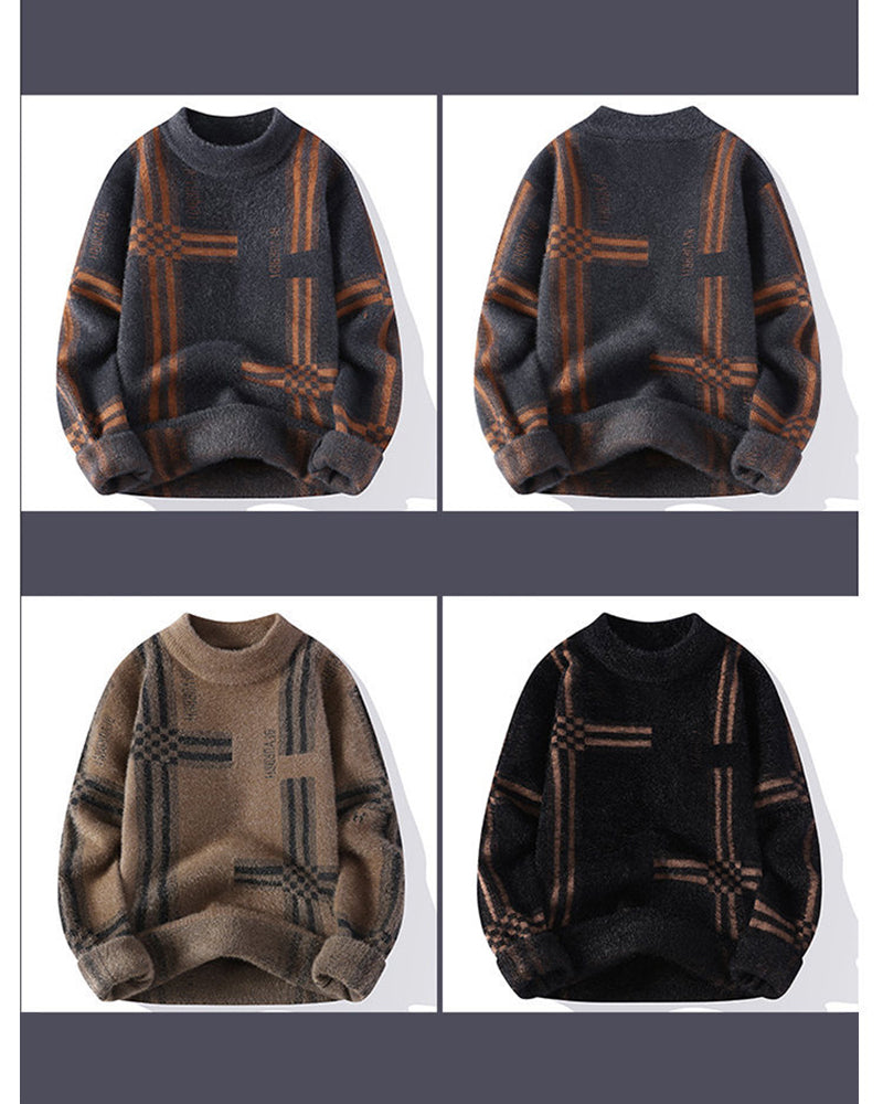 Big & Tall Men's Classic Striped Mock Turtleneck Thickened Sweater M-5XL