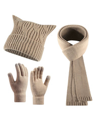 Warm Cat Ear Knitted Hat Scarf Gloves Three-piece Set