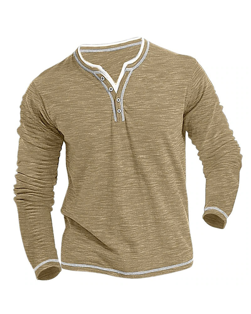 Big & Tall Men's Colored Cotton Small V-neck Stretch Henry Collar Long Sleeve T-shirt S-3XL