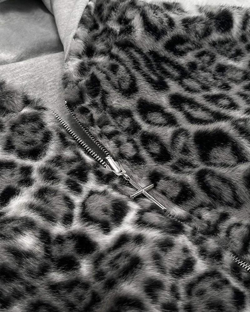 Big & Tall Men's Leopard Print Two-Face Zipper Loose Hooded Sweat S-2XL