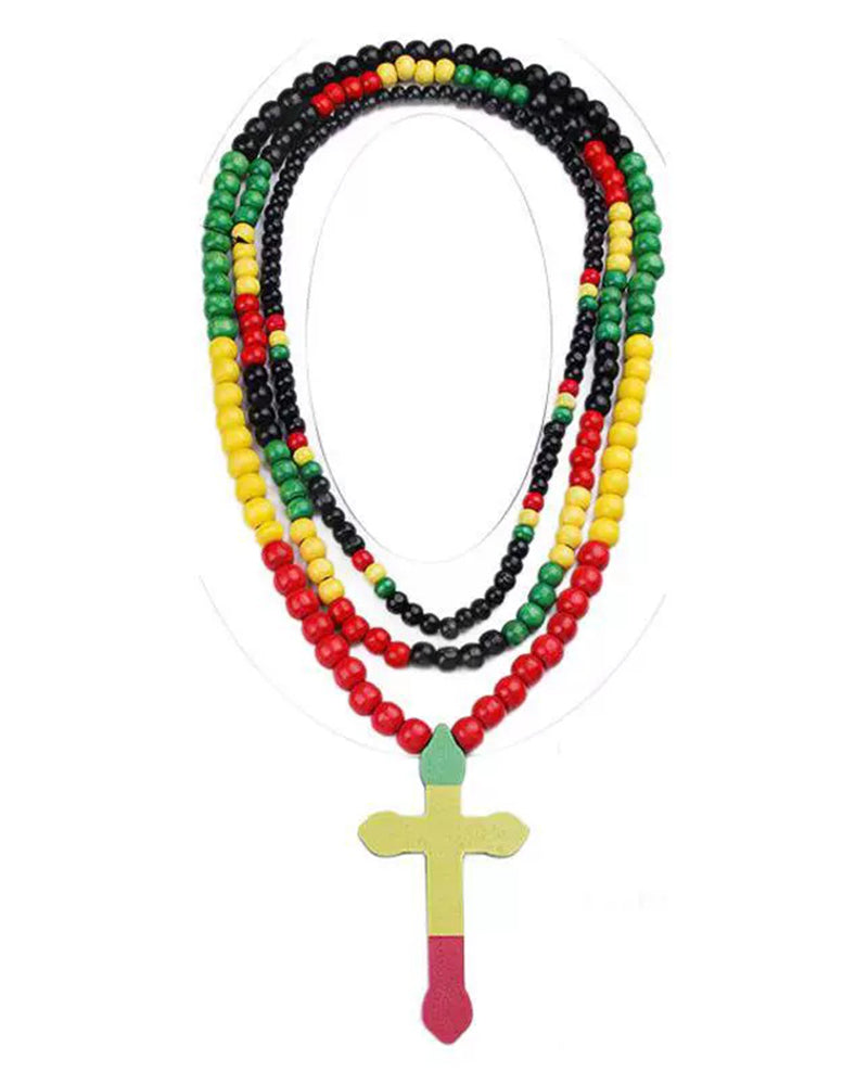 Reggae Color Wooden Bead Cross Necklace Hip Hop Jewelry