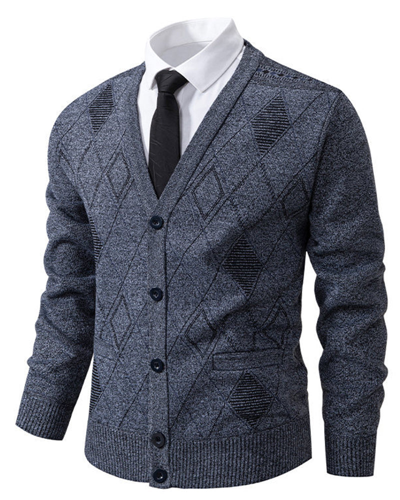 Big & Tall Men's Business Diamond Jacquard Thickened Sweater Cardigan Jacket L-3XL