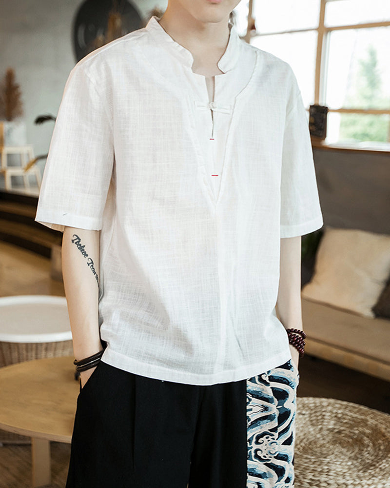 Large Size Cotton Linen Short-sleeved T-shirt Ethnic Style Retro Large Size Thin Half-sleeved Top Solid Color Men's V-neck T-shirt