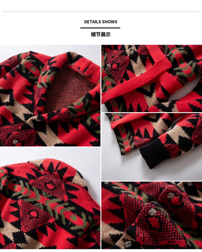 Big & Tall Men's Retro Mid-length Aztec Jacquard Cardigan Sweater Coat M-3XL