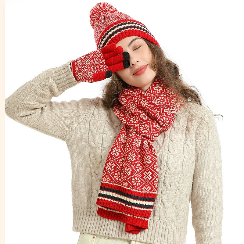 Knitted Retro Pattern Hat Thickened Scarf Touch Screen Gloves Three-piece Set