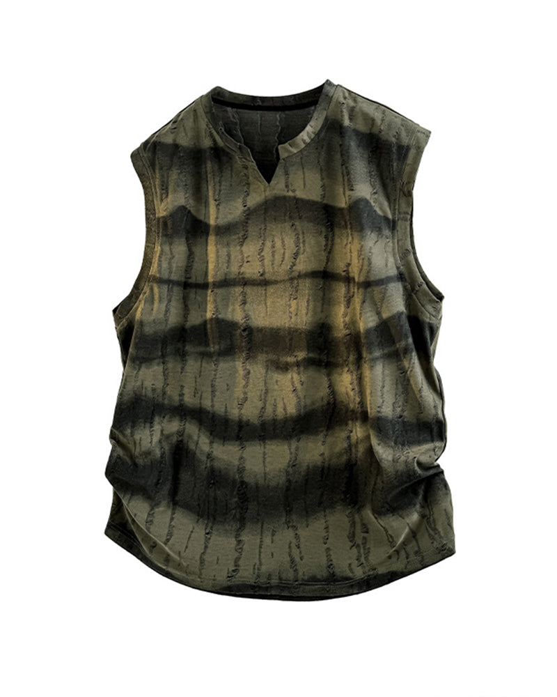 American Style Casual Summer Ice Sense Striped Sleeveless Vest Set Large Size Men's Sports Tie Dye Shorts Two-piece Set