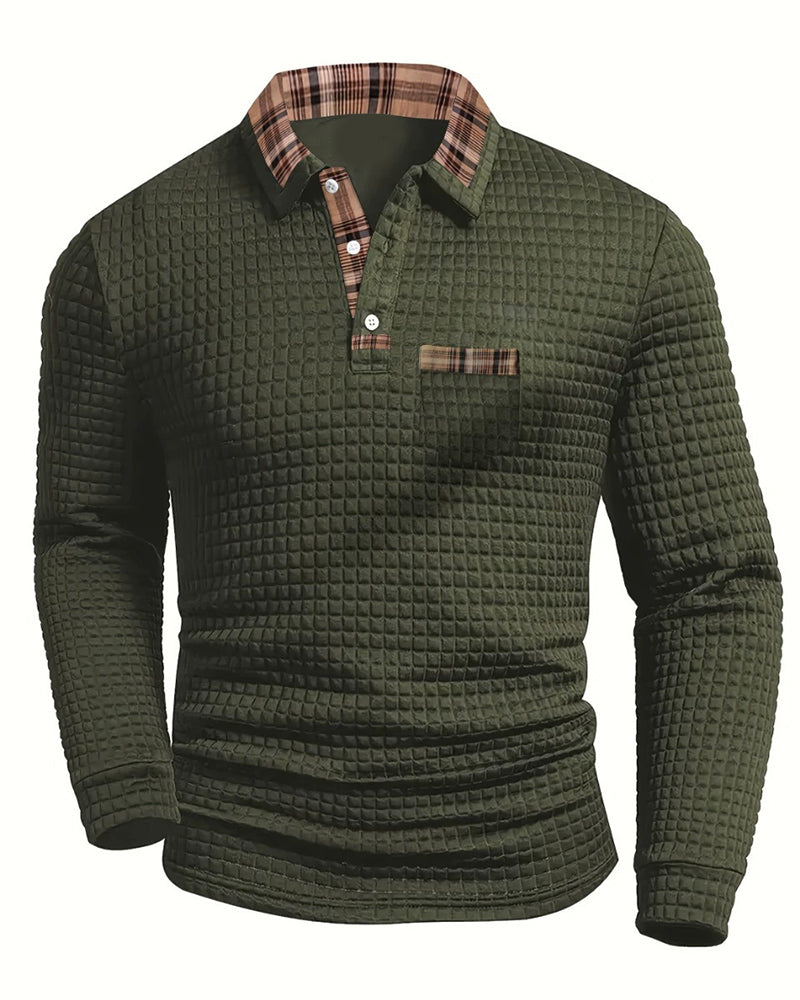 Big & Tall Men's Plaid Pocket Lapel Long Sleeve Polo M-3XL