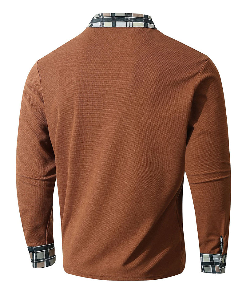 Big & Tall Men's Plaid Long-sleeved Polo Shirt With Lapel S-2XL