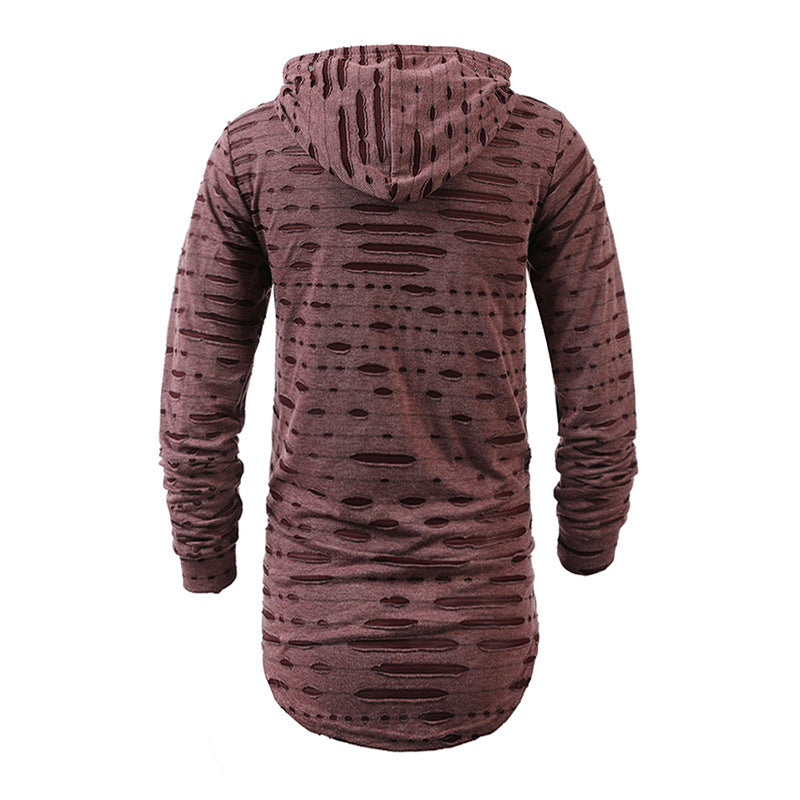 Big & Tall Men's Fashion Personality Hole Solid Color Long Hooded Sports Long Sleeve T-shirt S-2XL