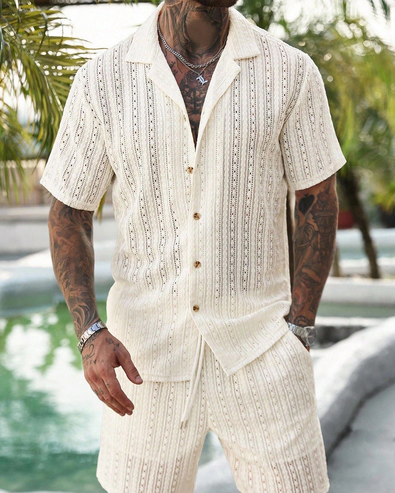 Men's Hollow Breathable Short-sleeved Shirt Drawstring Shorts Two-piece Suit For Men