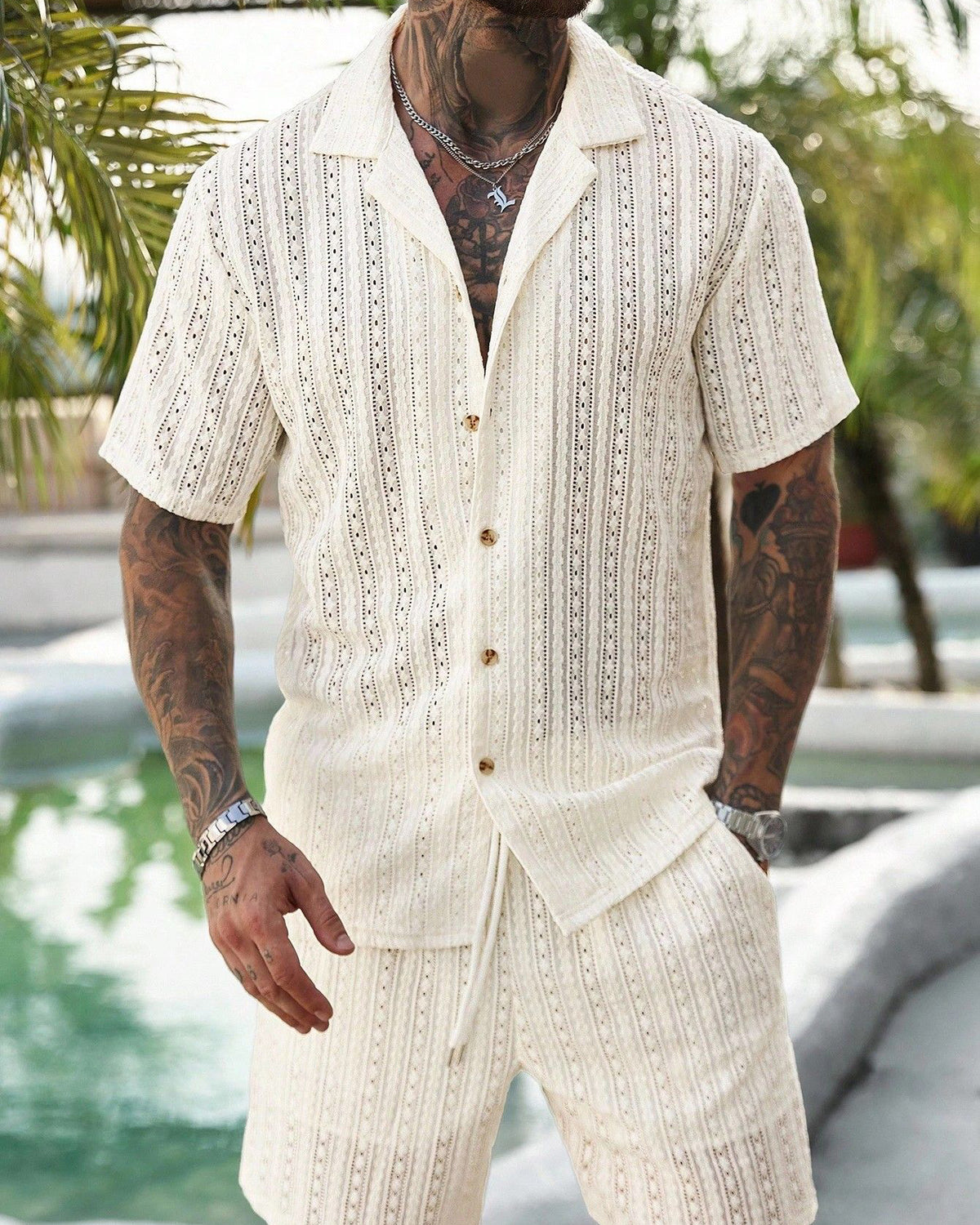 Men's Hollow Breathable Short-sleeved Shirt Drawstring Shorts Two-piece Suit For Men