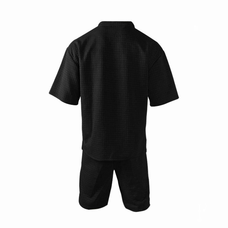S-3XL Sports Suit Solid Color Plaid Texture Crewneck T-shirt Shorts 2-piece Set