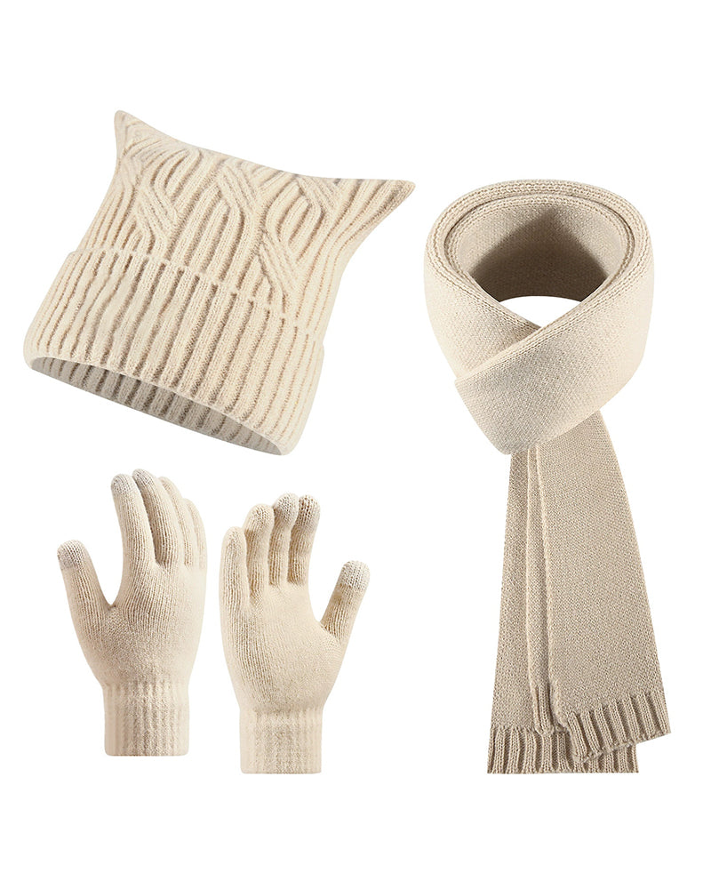 Warm Cat Ear Knitted Hat Scarf Gloves Three-piece Set