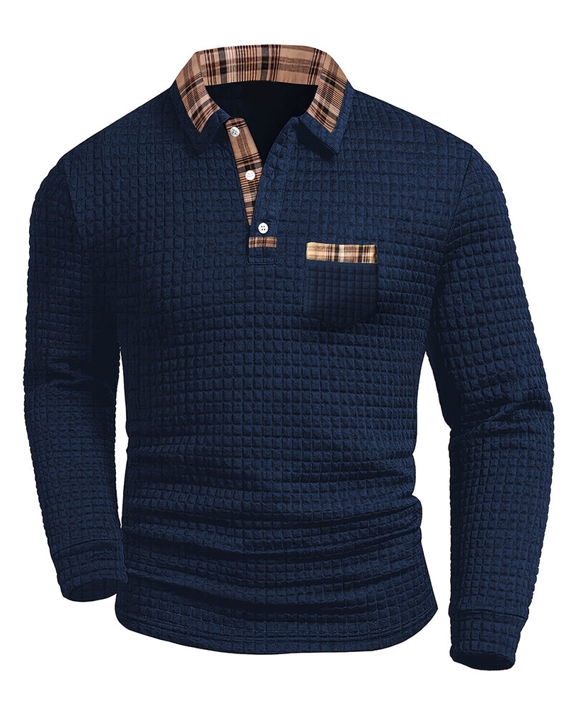 Big & Tall Men's Plaid Pocket Lapel Long Sleeve Polo M-3XL