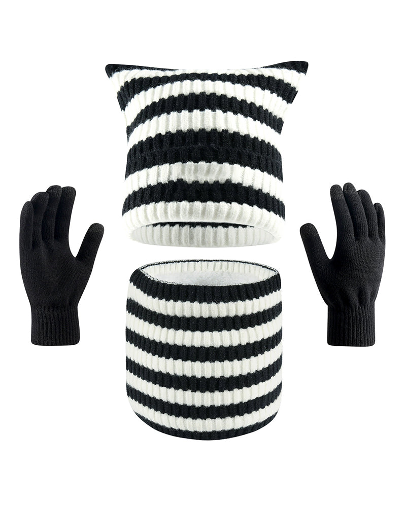 Warm Cat Ear Striped Knitted Hat Scarf Gloves Three-piece Set