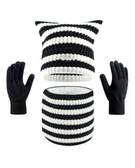 Warm Cat Ear Striped Knitted Hat Scarf Gloves Three-piece Set