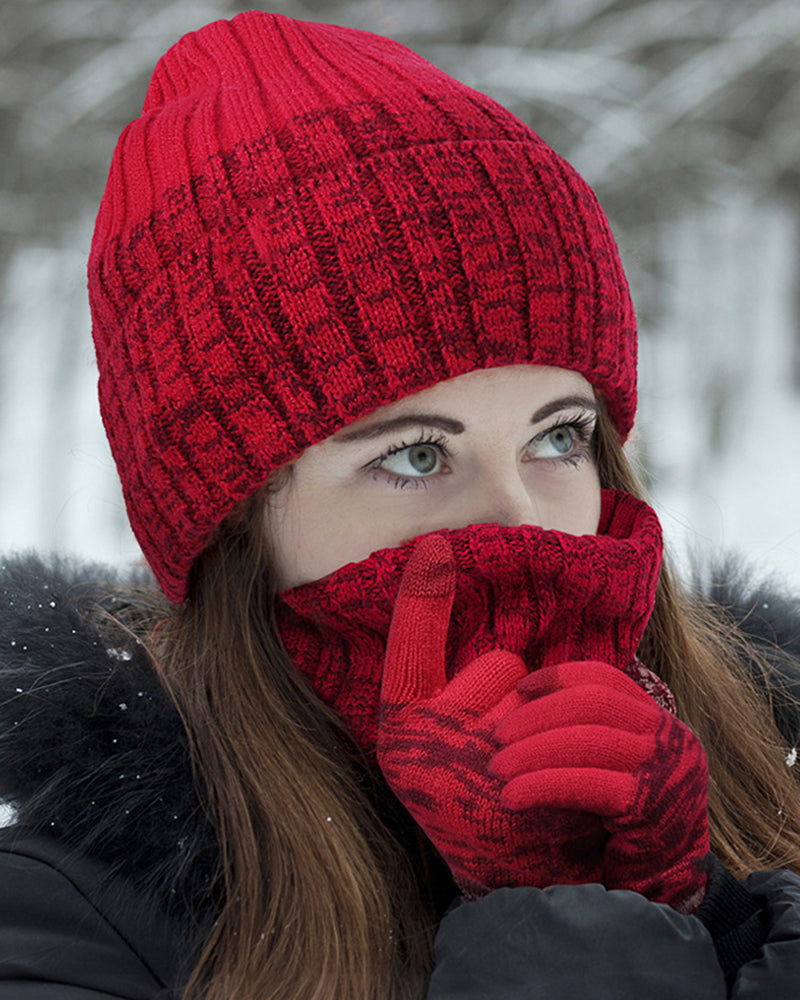 Outdoor Thickened Gradient Contrast Hat Scarf Gloves Knitted Set
