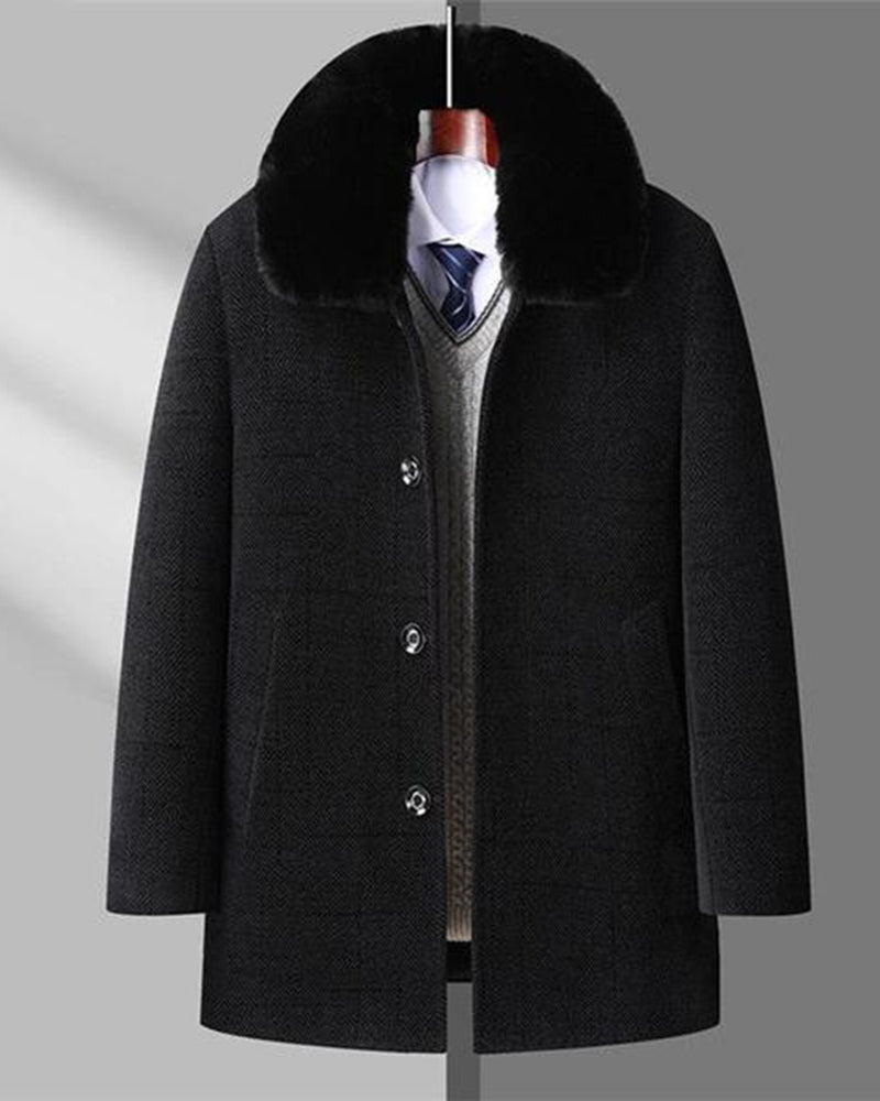 Big & Tall Men's Removable Wool Collar Medium Long Thickened Woolen Chenille Jacket L-4XL