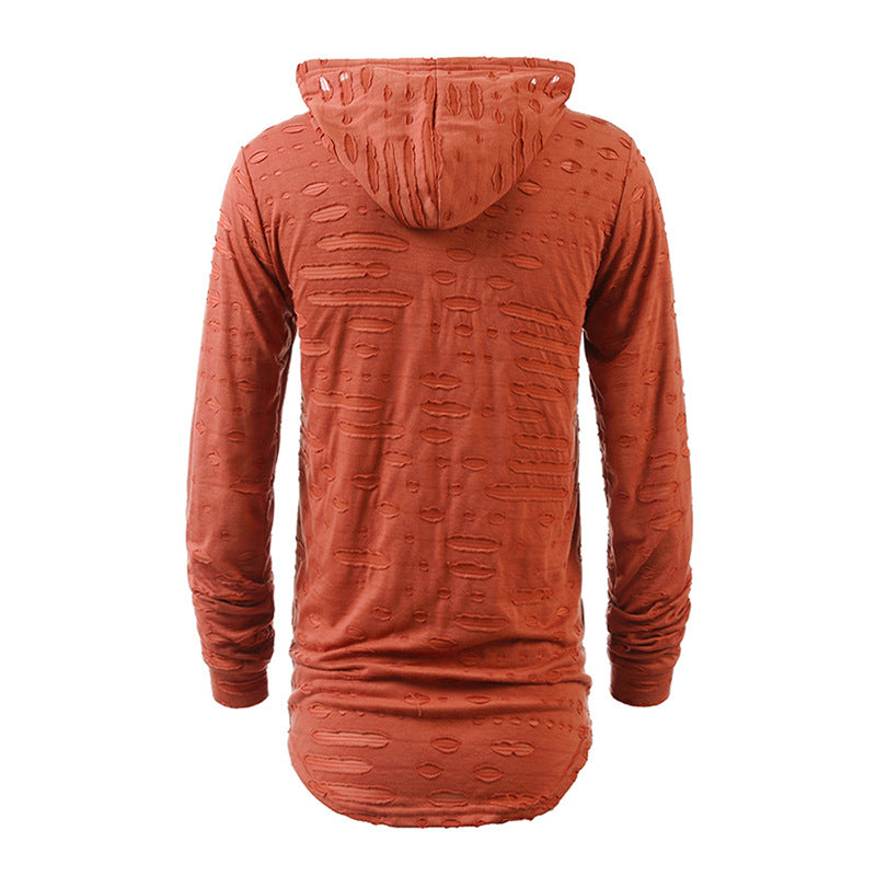 Big & Tall Men's Fashion Personality Hole Solid Color Long Hooded Sports Long Sleeve T-shirt S-2XL