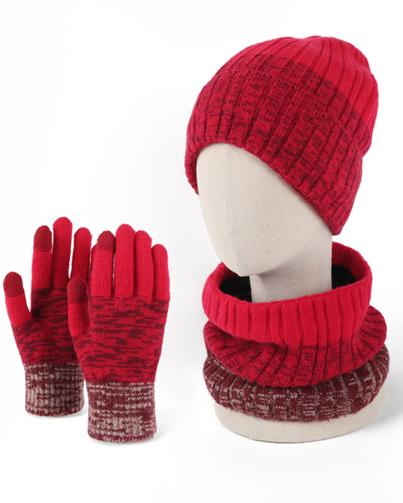 Outdoor Thickened Gradient Contrast Hat Scarf Gloves Knitted Set