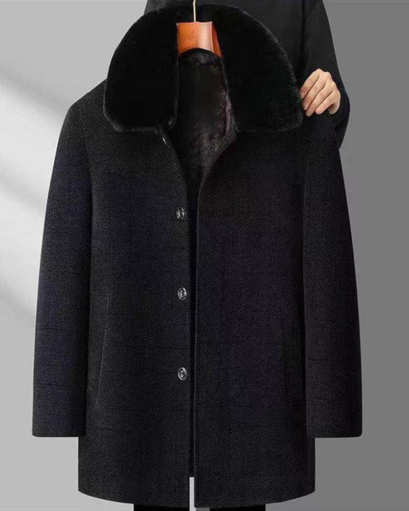 Big & Tall Men's Removable Wool Collar Medium Long Thickened Woolen Chenille Jacket L-4XL