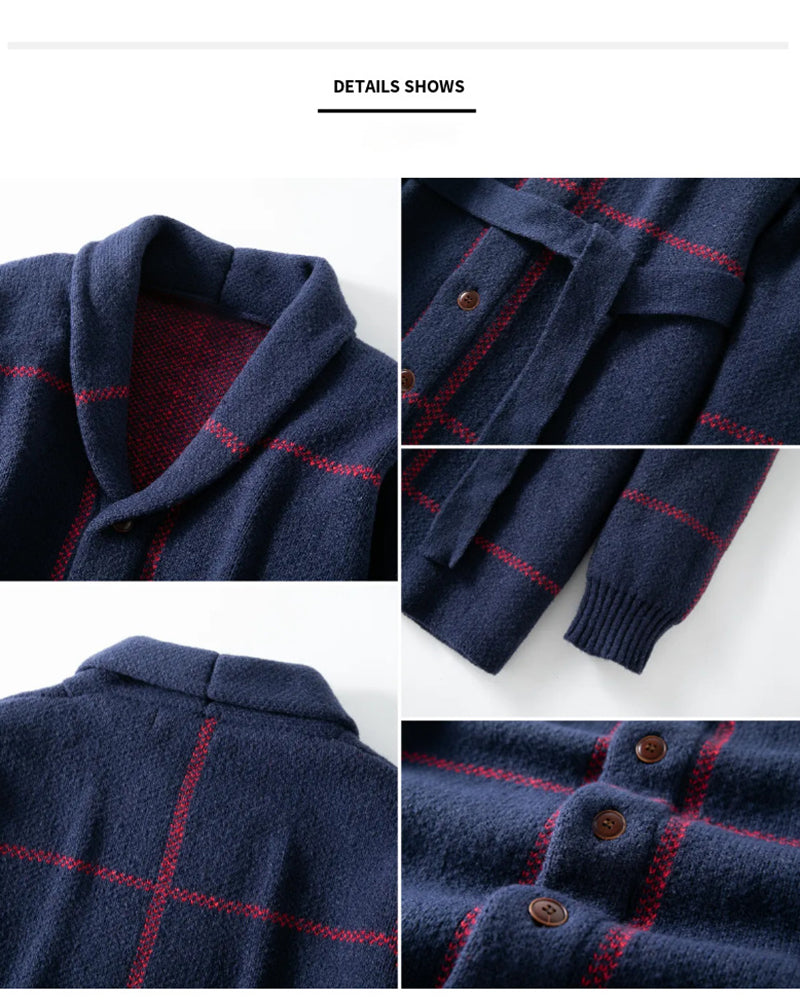 Big & Tall Men's Retro Mid-length Classic Striped Jacquard Cardigan Sweater Coat M-3XL