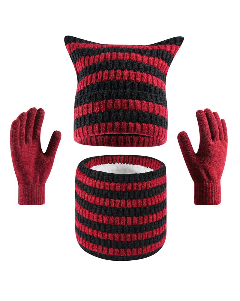 Warm Cat Ear Striped Knitted Hat Scarf Gloves Three-piece Set