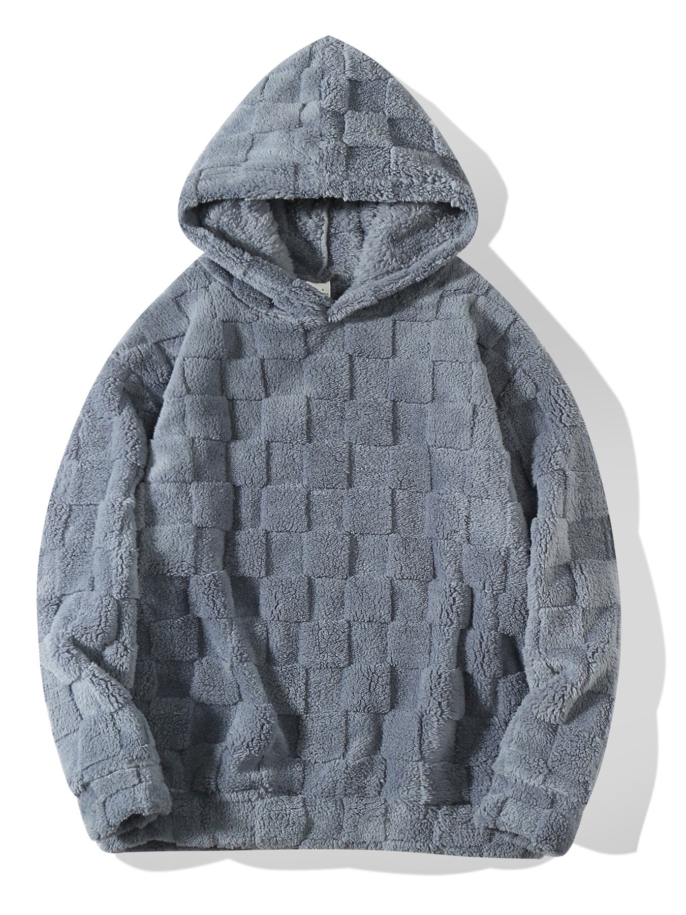 Big & Tall Men's Solid Color Square Plaid Plush Hooded Sweatshirt S-2XL