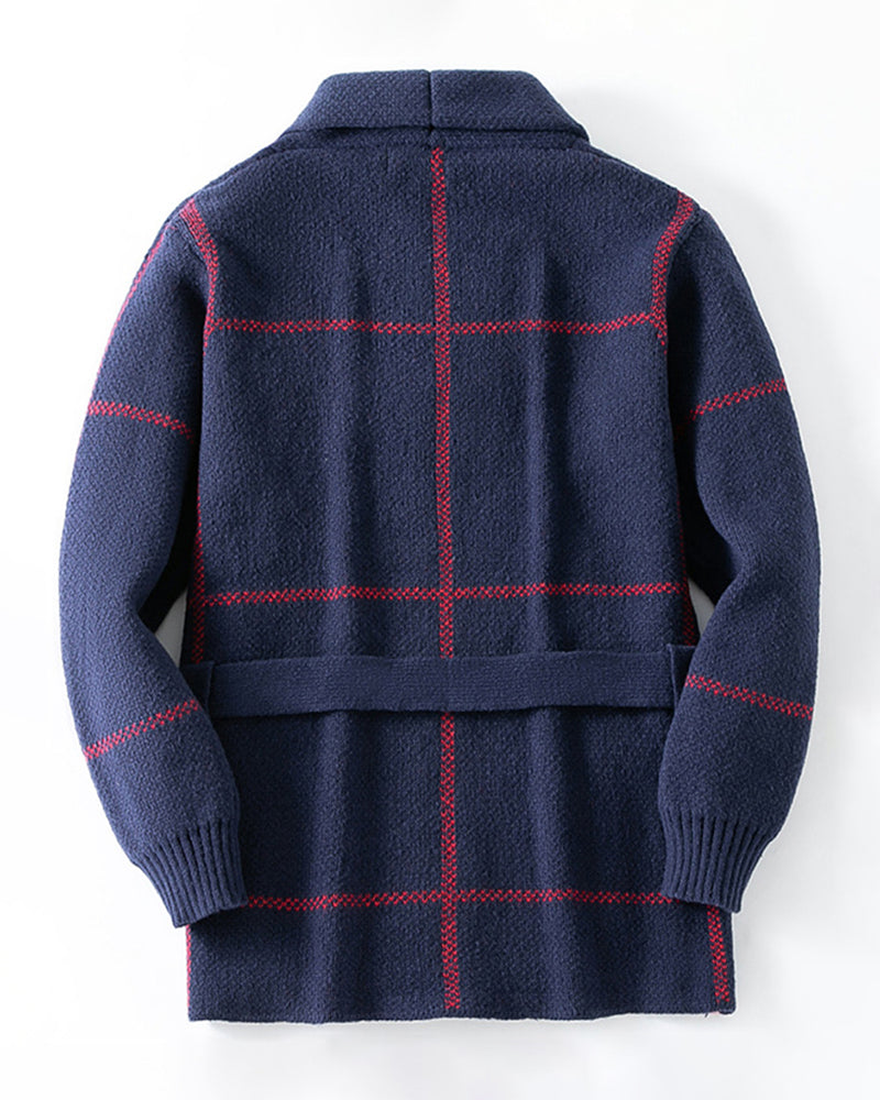 Big & Tall Men's Retro Mid-length Classic Striped Jacquard Cardigan Sweater Coat M-3XL