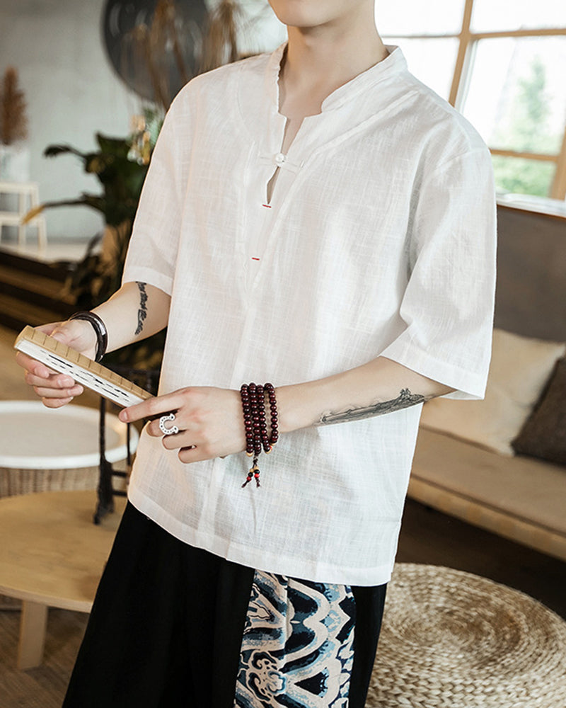 Large Size Cotton Linen Short-sleeved T-shirt Ethnic Style Retro Large Size Thin Half-sleeved Top Solid Color Men's V-neck T-shirt