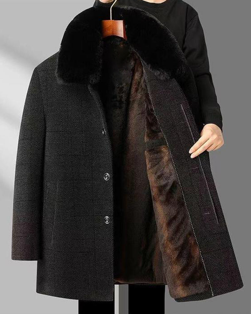 Big & Tall Men's Removable Wool Collar Medium Long Thickened Woolen Chenille Jacket L-4XL