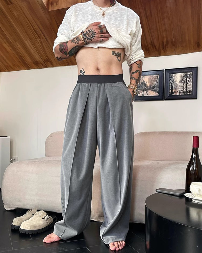 Big & Tall Men's Simple Contrast Color Elastic Waist Casual Straight Trousers M-4XL