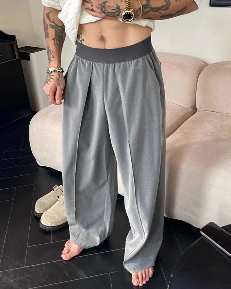 Big & Tall Men's Simple Contrast Color Elastic Waist Casual Straight Trousers M-4XL