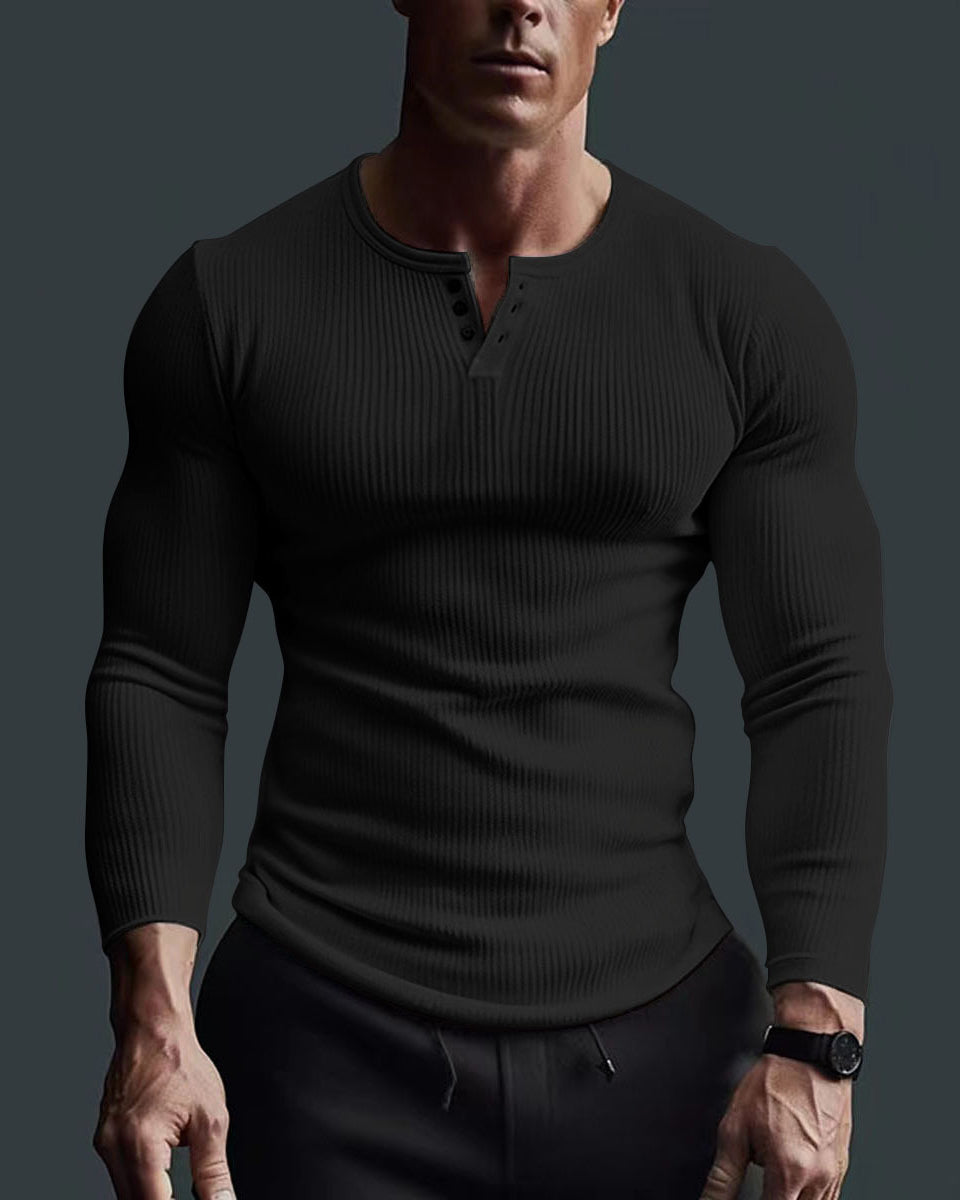 Big & Tall Men's V-neck Solid Color Fitness High Elastic Base Long Sleeve S-3XL