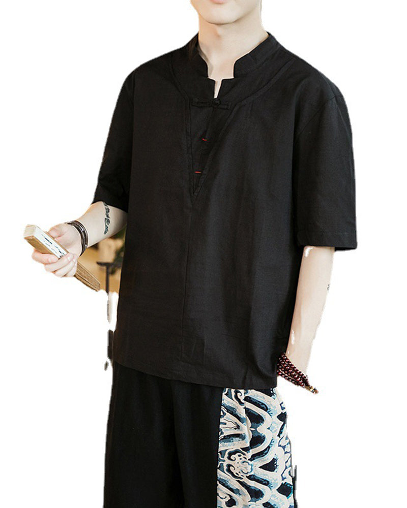 Large Size Cotton Linen Short-sleeved T-shirt Ethnic Style Retro Large Size Thin Half-sleeved Top Solid Color Men's V-neck T-shirt