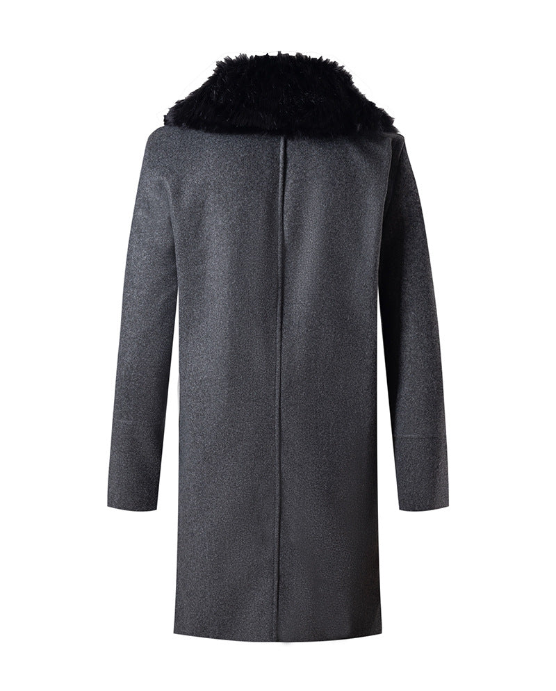 Big & Tall Men's Casual Big Wool Collar Woolen Solid Color Double-breasted Coat S-5XL